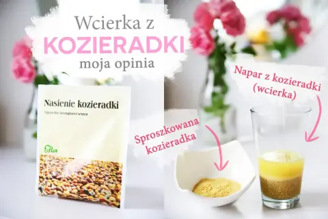 Domowy napar z kozieradki na włosy. Widać opakowanie nasion, proszek i gotowy napój.