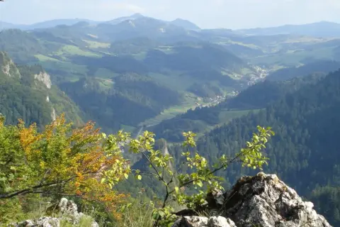 Widok na malownicze szczyty w Pieninach, z doliną i lasami w tle.