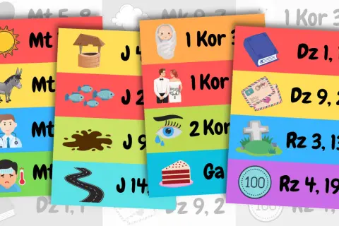 Kolorowe karty z obrazkami i skróty biblijne: słońce, osioł, lekarz, chory, studnia, ryby, błoto, droga, dziecko, para młoda, oko, ciasto, książka, listy, grób, okrąg ze 100.