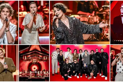 Artyści na scenie podczas Wodecki Twist Festiwal. Młodzi wokaliści i zespół w kolorowych strojach.