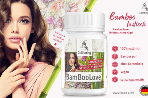 Frau mit vollem Haar und schöner Haut neben einer Dose "BamBooLove". Die positive bambus extrakt wirkung für Haut, Haare und Nägel wird hervorgehoben.