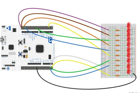 Połączenie mikrokontrolera STM32 z płytką stykową i diodami LED za pomocą przewodów. Widać tu wykorzystanie pinów GPIO do sterowania diodami.