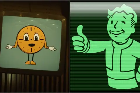 A retro clock character and Vault Boy giving a thumbs-up, both in a distinct fallout art style.