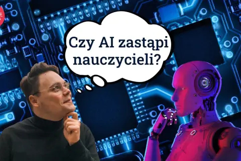 Mężczyzna zamyślony nad pytaniem, czy AI zastąpi nauczycieli, obok niego robot. W tle obwody drukowane. Talkpal.
