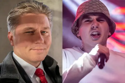 Dwa portrety: elegancki mężczyzna w garniturze i raper w kapeluszu. Czy to tata maty?