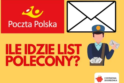 Poczta Polska pyta: ile idzie list polecony? Grafika z listonoszem i kopertami.