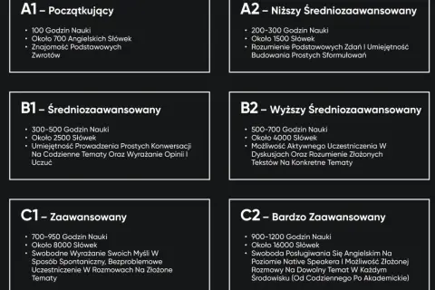 Poziomy biegłości językowej: od A1 (początkujący) do C2 (bardzo zaawansowany), z opisem godzin nauki, słownictwa i umiejętności, np. dla B2 (wyższy średniozaawansowany) - 500-700h, 4000 słów.