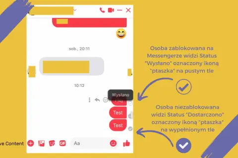 Zrzut ekranu Messengera pokazujący status wiadomości "Wysłano" z pustym ptaszkiem i "Dostarczono" z pełnym.