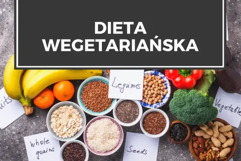 Naczynia z produktami roślinnymi: owoce, warzywa, nasiona, rośliny strączkowe i zboża.
