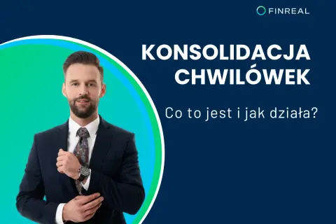 Mężczyzna w garniturze poprawia mankiet koszuli na tle grafiki z napisem "Konsolidacja chwilówek".
