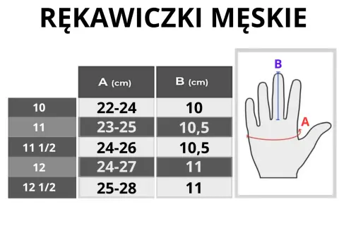 Tabela rozmiarów rękawiczek męskich z pomiarem obwodu dłoni (A) i długości palca środkowego (B).
