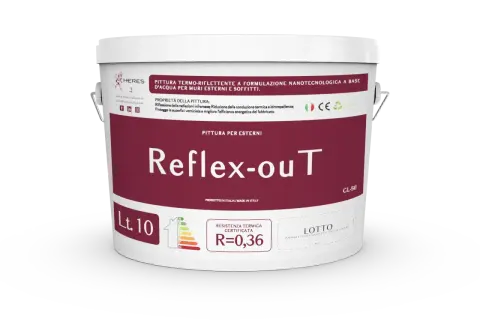 Secchio di pittura per esterni "Reflex-out" di Heres. È una pittura termo-riflettente nanotecnologica, un additivo che migliora l'efficienza energetica.