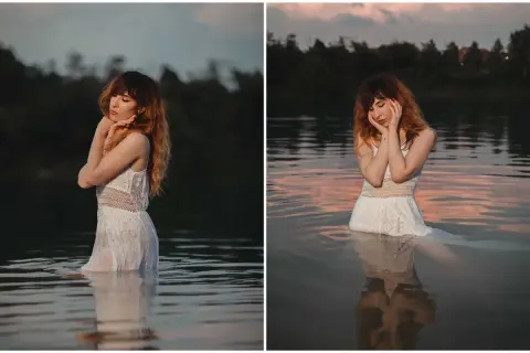 A woman in a white dress stands in water, bathed in the best light for outdoor photos during a serene sunset.