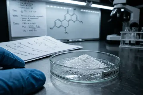 Biały proszek w szalce Petriego, rękawiczka, notatki i wzory chemiczne na tablicy.
