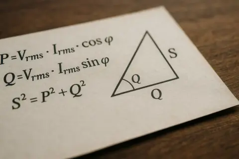 Formuły elektryczne: P=Vrms⋅Irms⋅cosφ, Q=Vrms⋅Irms⋅sinφ, S²=P²+Q². Trójkąt prostokątny z oznaczeniami P, Q, S. Moc pozorna S.
