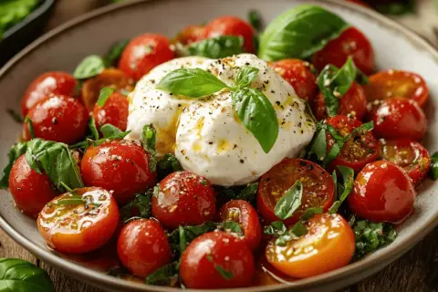 Burrata-Salat mit Kirschtomaten und Basilikum, beträufelt mit Olivenöl und Gewürzen.