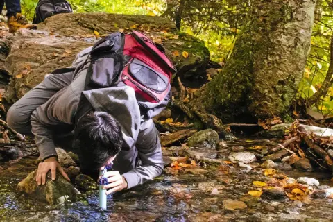 Vandrare filtrerar rena vatten från en bäck i skogen.