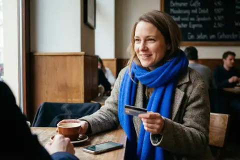 Kobieta z niebieskim szalem płaci kartą w kawiarni. Czy w Norwegii można płacić euro? Nie, ale karta działa wszędzie.