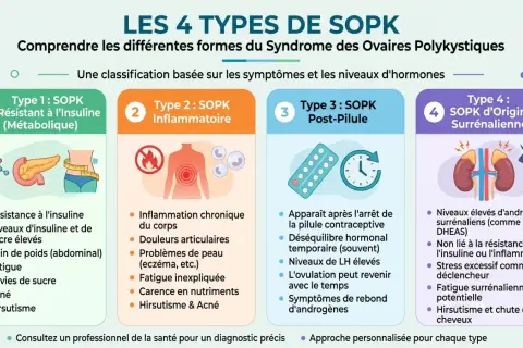 Infographie présentant les 4 types de SOPK : résistant à l'insuline, inflammatoire, post-pilule et d'origine surrénalienne. Un bon sopk traitement dépend du type.