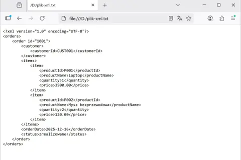 Plik XML z zamówieniem, zawierający laptop i mysz. Dowiedz się, xml czym otworzyć, by zobaczyć szczegóły.