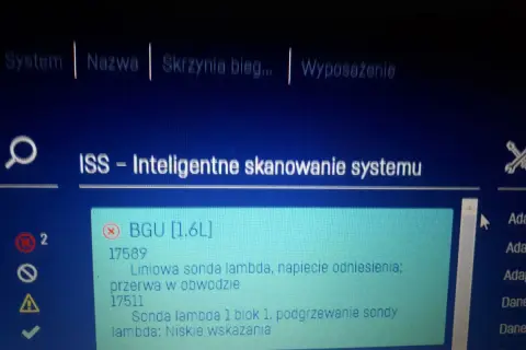 Błąd sondy lambda w BGU [1.6L], p1641: przerwa w obwodzie i niskie wskazania podgrzewania.