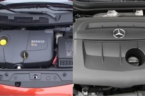 Comparación de motores: un Renault 1.5 gasolina a la izquierda y un motor Mercedes a la derecha.