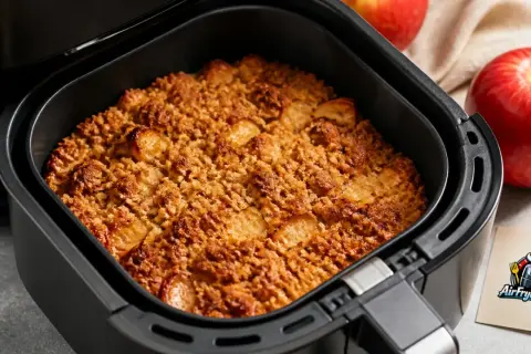 Goldbrauner Apfel Crumble aus dem Airfryer, duftend und lecker. Daneben liegen zwei rote Äpfel.