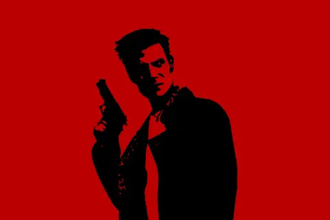 Czarna sylwetka Maxa Payne'a z pistoletem na czerwonym tle. Zapowiedź odświeżonej wersji gry Max Payne remaster.