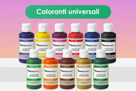 Flaconi di coloranti per resina epossidica in varie tonalità: viola, giallo, magenta, rosso, blu, nero, verde cromo, arancione, marrone, ocra e verde. Perfetti per imparare come colorare la resina epossidica.