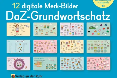 Digitale Merk-Bilder für den DaZ-Grundwortschatz in der Grundschule: Körper, Gefühle, Kleidung, Farben, Zahlen, Essen, Haus, Stadt, Tiere, Monate, Wochentage, Schultasche.