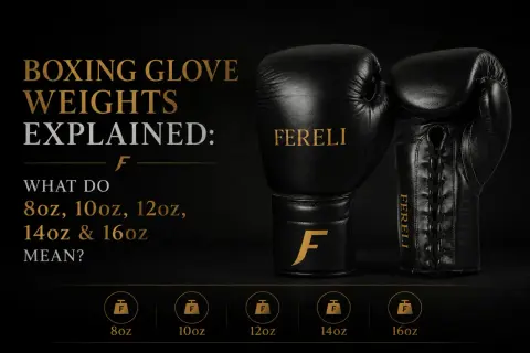 Black boxing gloves with weights explained: 8oz, 10oz, 12oz, 14oz, 16oz.