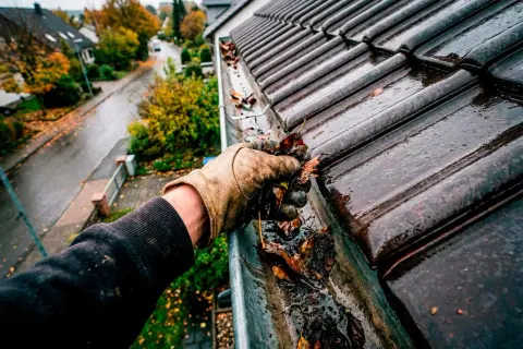Herbstlaub entfernen: Eine Hand mit Handschuh greift Laub aus einer verstopften Dachrinne, um sie zu reinigen.