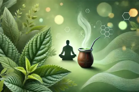 Zielone liście, naczynie z yerba mate i sylwetka medytującej osoby. Obrazek symbolizuje, jak działa yerba mate – połączenie natury, spokoju i energii.