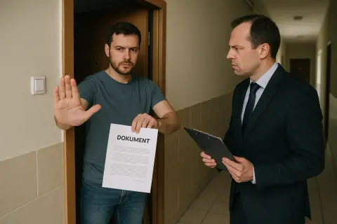 Mężczyzna w drzwiach odmawia przyjęcia dokumentu, pokazując dłoń w geście stop. Obok stoi mężczyzna w garniturze, który prawdopodobnie jest windykatorem.