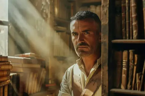 Un homme au regard intense, d'origine juive séfarade, se tient dans une bibliothèque ancienne, baigné par la lumière.