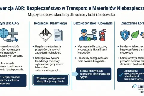 Grafika przedstawia schemat konwencji ADR z ikonami symbolizującymi transport, przepisy, bezpieczeństwo i ochronę środowiska.