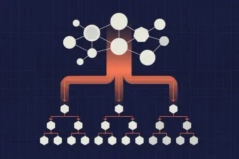 Schéma hiérarchique de nœuds connectés, illustrant la distribution d'informations ou de requêtes, comme dans un système DNS IP.