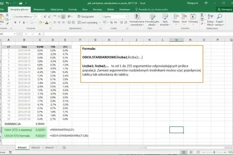 Arkusz kalkulacyjny Excel z danymi i formułą ODCH.STANDARDOWE. Obliczenia w Excelu pokazują mnożenie wartości.
