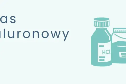 Co to jest kwas hialuronowy? Ilustracja przedstawia butelki z substancjami chemicznymi, w tym jedną z etykietą HCl.