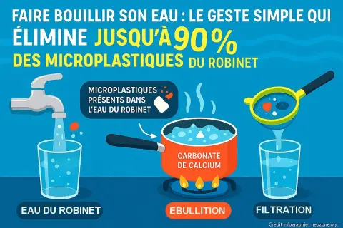 Faire bouillir l'eau du robinet élimine les microplastiques. L'ébullition transforme le carbonate de calcium, puis la filtration retient les résidus.