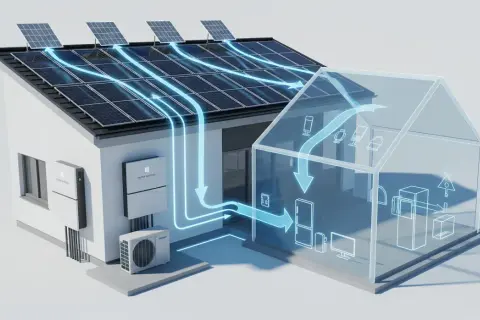 Inteligentny system zarządzania energią w domu: panele słoneczne na dachu, magazyn energii i przepływ prądu do urządzeń domowych.