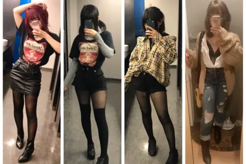 Cztery stylizacje dziewczyny w lustrze: rockowa, grunge, casual i elegancka.