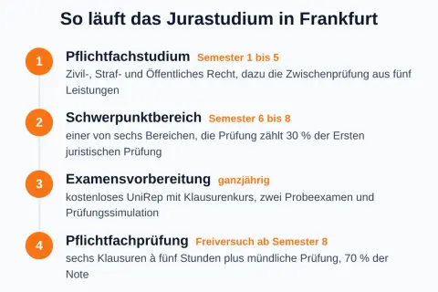 Der Weg zum Jurastudium in Frankfurt: Pflichtfächer, Schwerpunkt, Examensvorbereitung und die finale Prüfung.