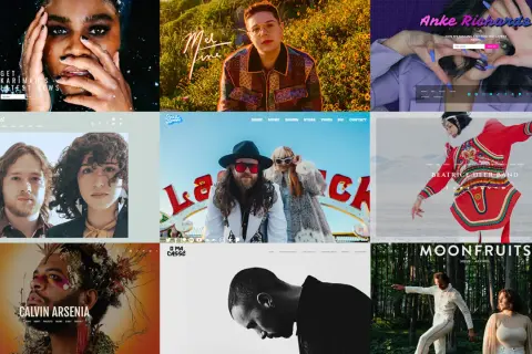 Examples of band websites, showcasing diverse artist branding and layouts. Learn how to make a band website with these inspiring designs.