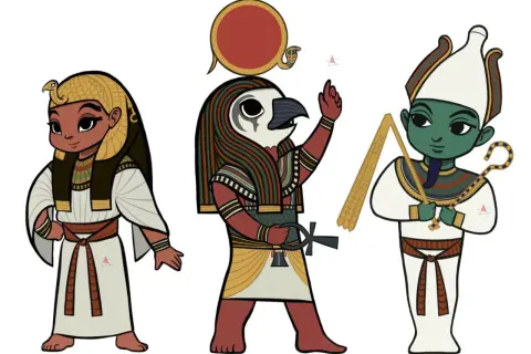 Tre stiliserade figurer av egyptisk gud. En kvinna med orm på huvudet, en man med falkhuvud och en grön man med krona.