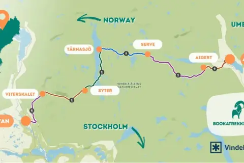 Karta över kungsleden etapper med platser som Hemavan, Vindelfjällen, Ammarnäs och Umeå.