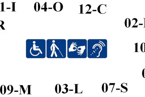 Symbole ułatwień dostępu: wózek inwalidzki, osoba niewidoma, język migowy, niedosłyszący. Wokół numeryczne oznaczenia, być może dla grupy inwalidzkiej.