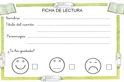 Ficha cuento infantil para escribir el nombre, título, personajes y calificar si te ha gustado con caritas.