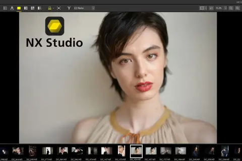 Portret kobiety z logo NX Studio po polsku. Widok programu do edycji zdjęć.