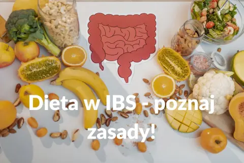 Zdrowe produkty spożywcze i rysunek jelit. Dowiedz się, jak dieta wpływa na zespół jelita drażliwego (IBS).